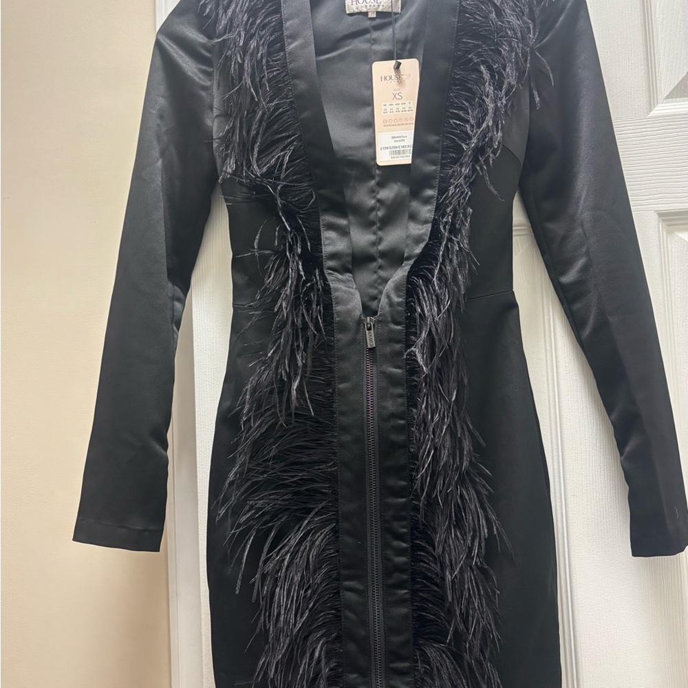 Black Satin Dress with Feather Detail (Tara) House Of CB - Picture 7 of 8